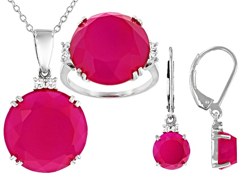 Pink Onyx Rhodium Over Silver Jewelry Set .39ctw