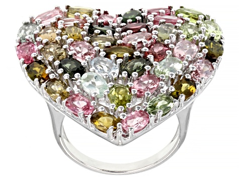 Multi-Color Tourmaline Rhodium Over Sterling Silver Heart Shape Ring 7.48ctw