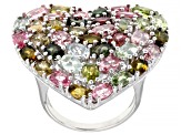 Multi-Color Tourmaline Rhodium Over Sterling Silver Heart Shape Ring 7.48ctw