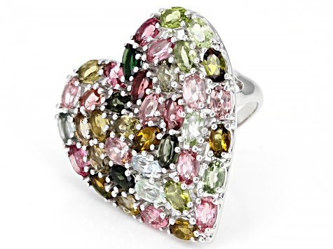 Multi-Color Tourmaline Rhodium Over Sterling Silver Heart Shape Ring 7.48ctw