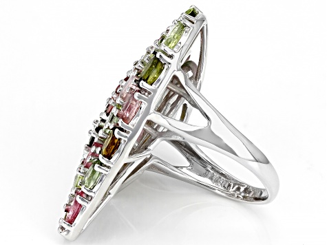 Multi-Color Tourmaline Rhodium Over Sterling Silver Heart Shape Ring 7.48ctw