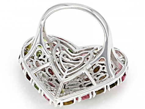 Multi-Color Tourmaline Rhodium Over Sterling Silver Heart Shape Ring 7.48ctw
