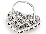 Multi-Color Tourmaline Rhodium Over Sterling Silver Heart Shape Ring 7.48ctw