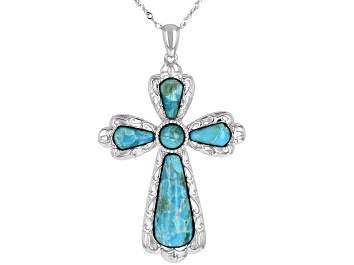 Picture of Blue Kingman Turquoise Rhodium Over Sterling Silver Pendant with Chain