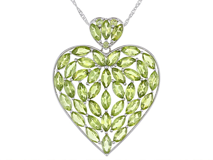 Green Peridot Rhodium Over Silver Heart Shape Pendant With Chain 22.22ctw