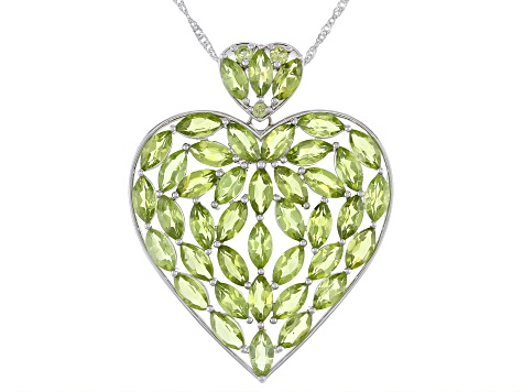 Green Peridot Rhodium Over Silver Heart Shape Pendant With Chain 22.22ctw
