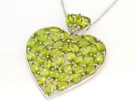 Green Peridot Rhodium Over Silver Heart Shape Pendant With Chain 22.22ctw
