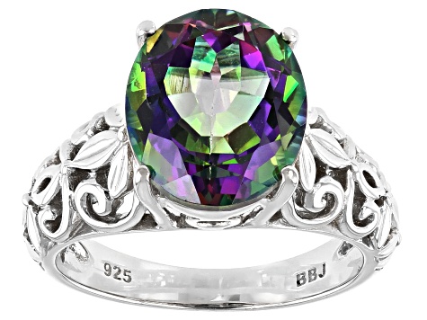 Mystic Fire(R) Green Topaz Rhodium Over Silver Ring 4.96ct