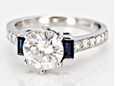 Moissanite And Blue Sapphire 14k White Gold Ring   2.18ctw DEW.