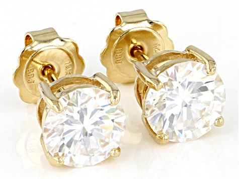 1.00 CTW DEW Round Forever One Moissanite Four Prong Screw-Back Earrings  14K Yellow Gold