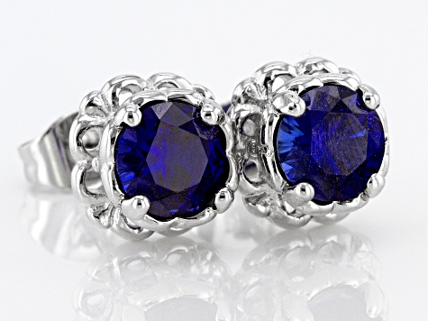 Blue Lab Created Sapphire Stainless Steel Stud Earrings 1.70ctw