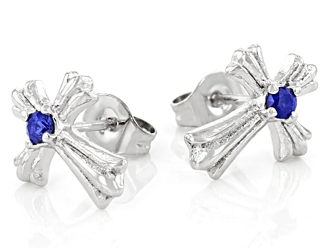 Blue Lab Created Sapphire Stainless Steel Cross Earrings. 0.15ctw