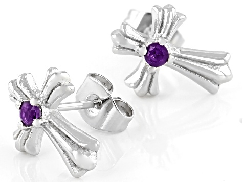 Round African Amethyst Rhodium Over Stainless Steel Cross Earrings 0.11ctw
