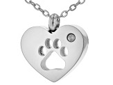 White Zircon Stainless Steel Heart & Paw Print Pendant With Chain .02ct