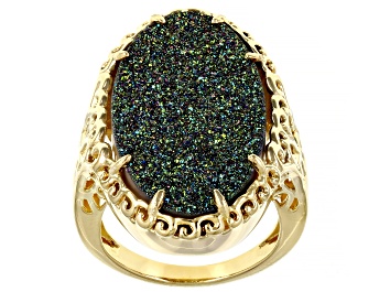 Picture of Oval Multi-Color Drusy Quartz 18k Yellow Gold Over Silver Ring