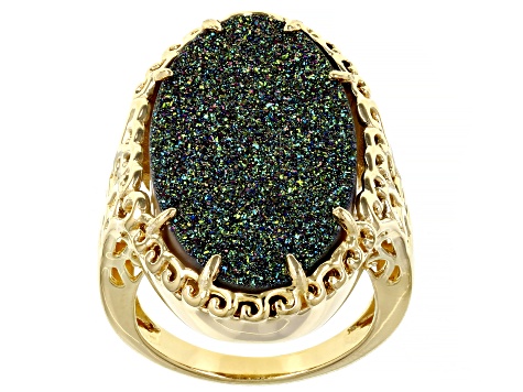 Yellow Gold Plated Double Multicolor Ring For Women Quartz Druzy Adjustable Size 