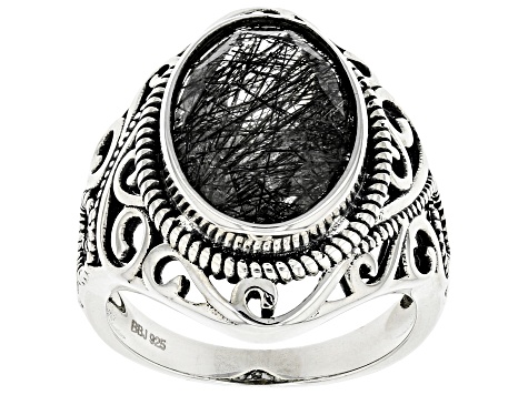 Black Tourmalinated Quartz Rhodium Over Silver Ring 5.10ct