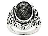 Black Tourmalinated Quartz Rhodium Over Silver Ring 5.10ct