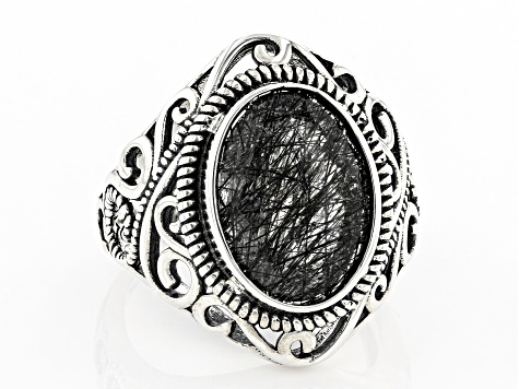 Black Tourmalinated Quartz Rhodium Over Silver Ring 5.10ct