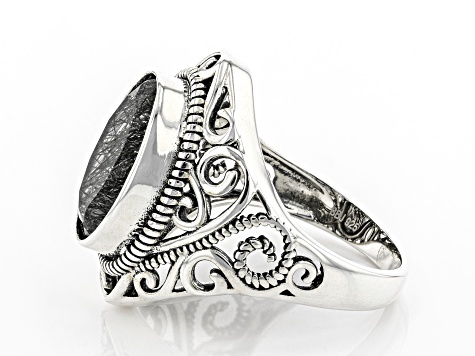 Black Tourmalinated Quartz Rhodium Over Silver Ring 5.10ct