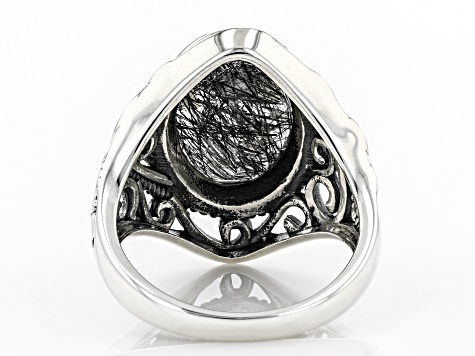 Black Tourmalinated Quartz Rhodium Over Silver Ring 5.10ct
