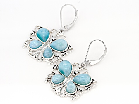 Blue Larimar Rhodium Over Silver Butterfly Earrings