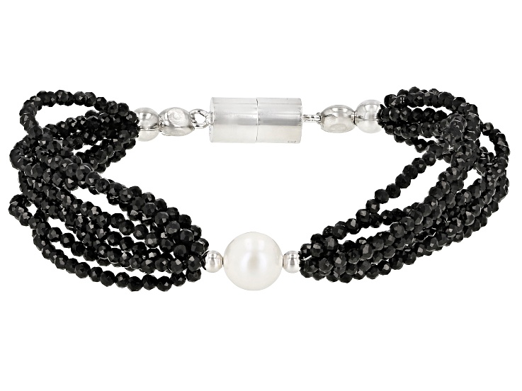 Black Spinel Rhodium Over Sterling Silver Bracelet