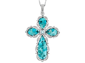 Blue Turquoise Rhodium Over Silver Cross Enhancer With Chain .44ctw