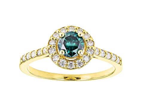 Green and colorless moissanite 14k yellow gold over sterling silver halo ring .74ctw DEW.
