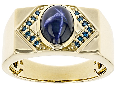 Blue Star Sapphire 10k Yellow Gold Men's Ring 2.86ctw