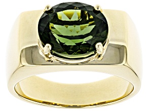 Green Moldavite 10k Yellow Gold Men's Ring 3.03ct