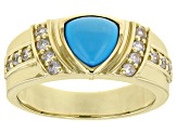 Blue Sleeping Beauty Turquoise With White Zircon 10k Yellow Gold Men's Ring 0.76ctw