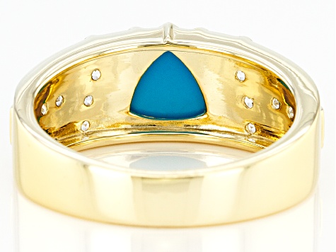 Blue Sleeping Beauty Turquoise With White Zircon 10k Yellow Gold Men's Ring 0.76ctw