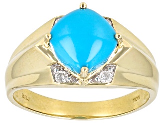 Blue Sleeping Beauty Turquoise With White Diamond 10k Yellow Gold Men's Ring