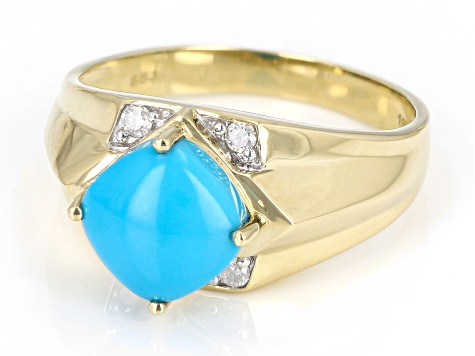 Blue Sleeping Beauty Turquoise With White Diamond 10k Yellow Gold Men's Ring