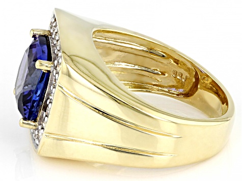 Blue Tanzanite With White Diamond Men's 10k Yellow Gold Ring 4.46ctw
