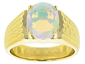 Multi Color Ethiopian Opal Solitaire, 10K Yellow Gold Mens Ring.
