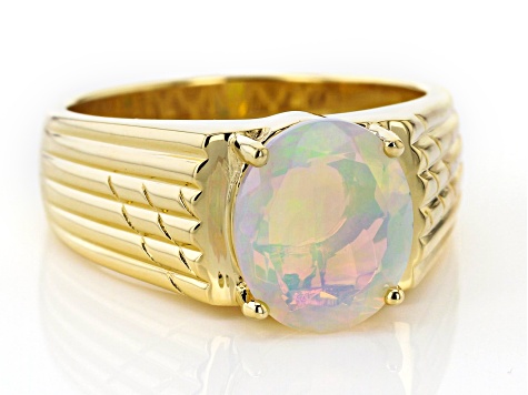 Multi Color Ethiopian Opal Solitaire, 10K Yellow Gold Mens Ring.