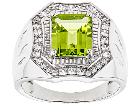 Green Peridot Rhodium 10K White Gold Men's Ring 3.34ctw