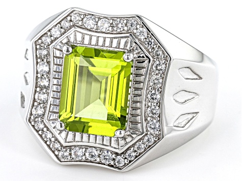 Green Peridot Rhodium 10K White Gold Men's Ring 3.34ctw