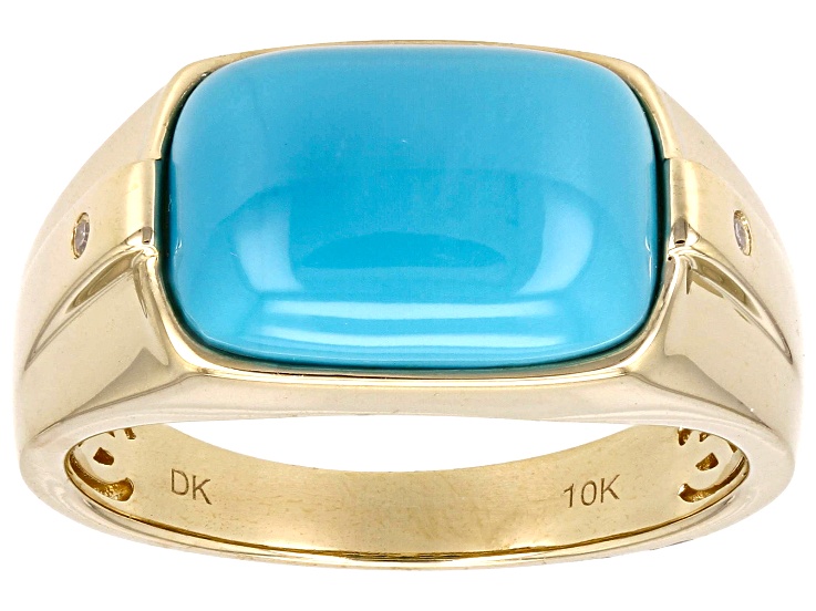 Blue Sleeping Beauty Turquoise And White Diamond 10k Yellow Gold Men's Ring