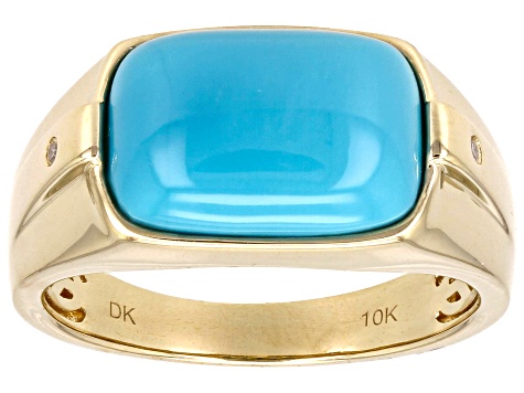 Blue Sleeping Beauty Turquoise And White Diamond 10k Yellow Gold Men's Ring