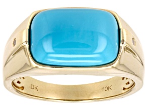 Blue Sleeping Beauty Turquoise And White Diamond 10k Yellow Gold Men's Ring
