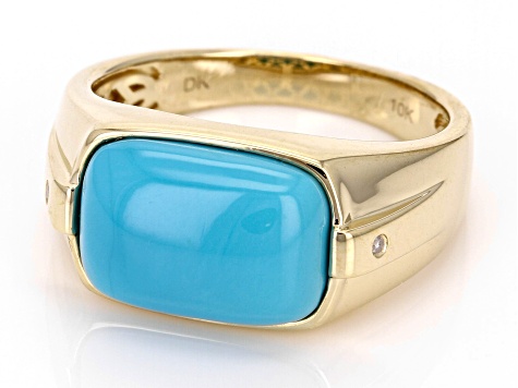 Blue Sleeping Beauty Turquoise And White Diamond 10k Yellow Gold Men's Ring