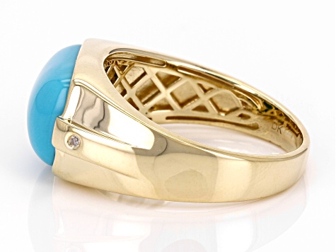 Blue Sleeping Beauty Turquoise And White Diamond 10k Yellow Gold Men's Ring