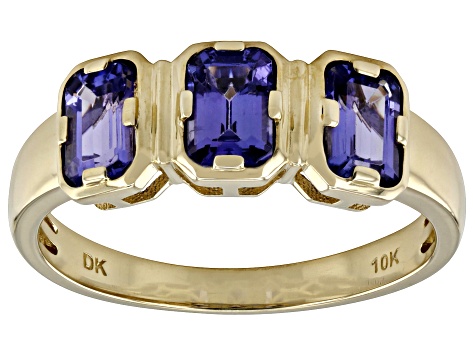 Blue Tanzanite 10k Yellow Gold 3-Stone Men's Ring 1.66ctw