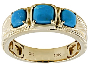 Blue Kingman Turquoise 10k Yellow Gold 3-Stone Men's Ring