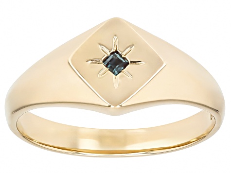 Blue Lab Created Alexandrite 10k Yellow Gold Signet Unisex Ring 0.05ct