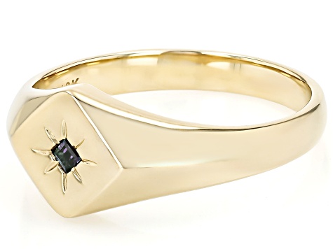 Blue Lab Created Alexandrite 10k Yellow Gold Signet Unisex Ring 0.05ct