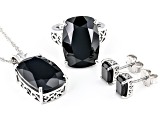 Black Spinel Rhodium Over Sterling Silver Ring Pendant With Chain And Earrings Set 44.39ctw